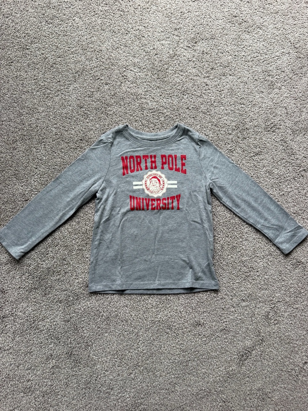 Holiday Time Grey Long Sleeve 'North Pole University' Tee with Red Print